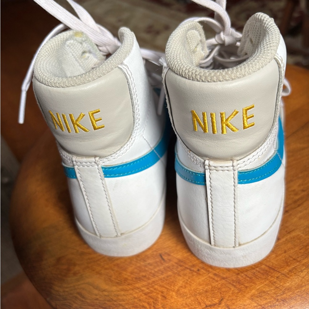 Nike White and Teal High-Top Leather Sneakers